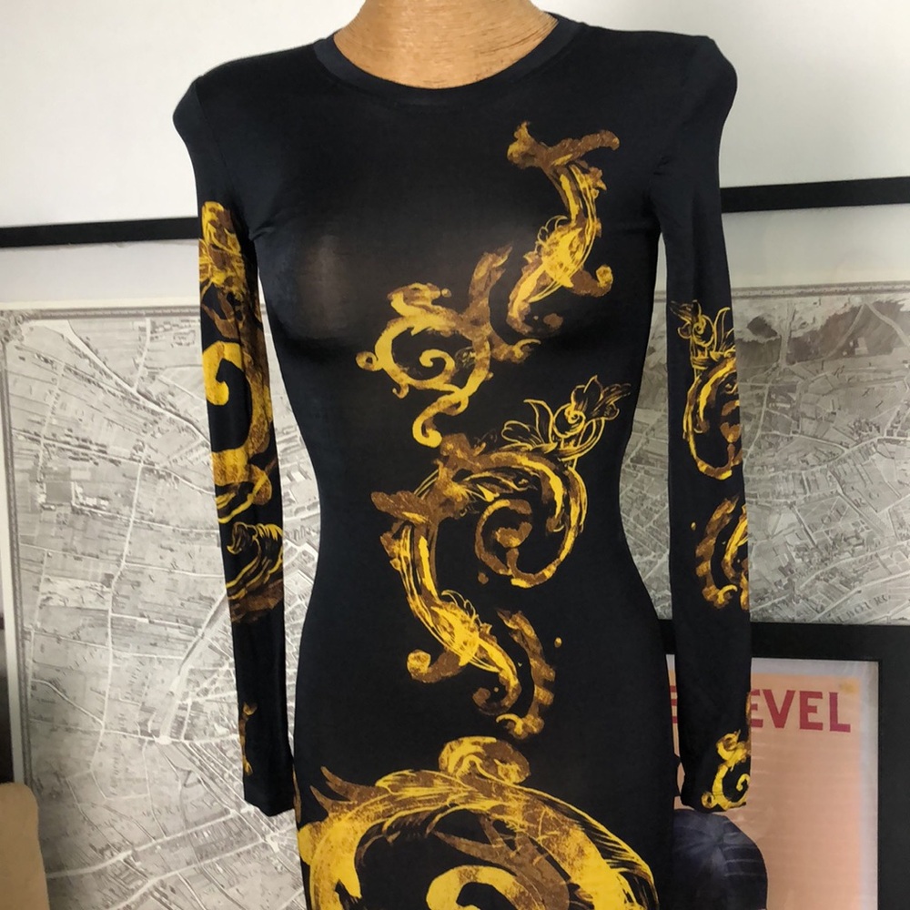 Versace jeans couture Barocco print Black and Gold Long Sleeve Dress Size 4 - Picture 2 of 16